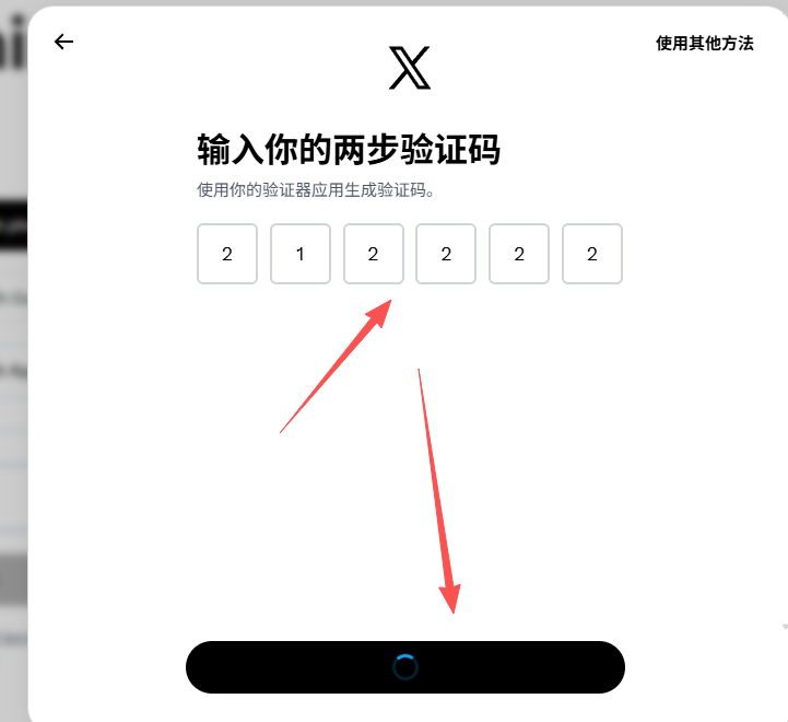 步骤三：在 X 平台输入 6 位验证码