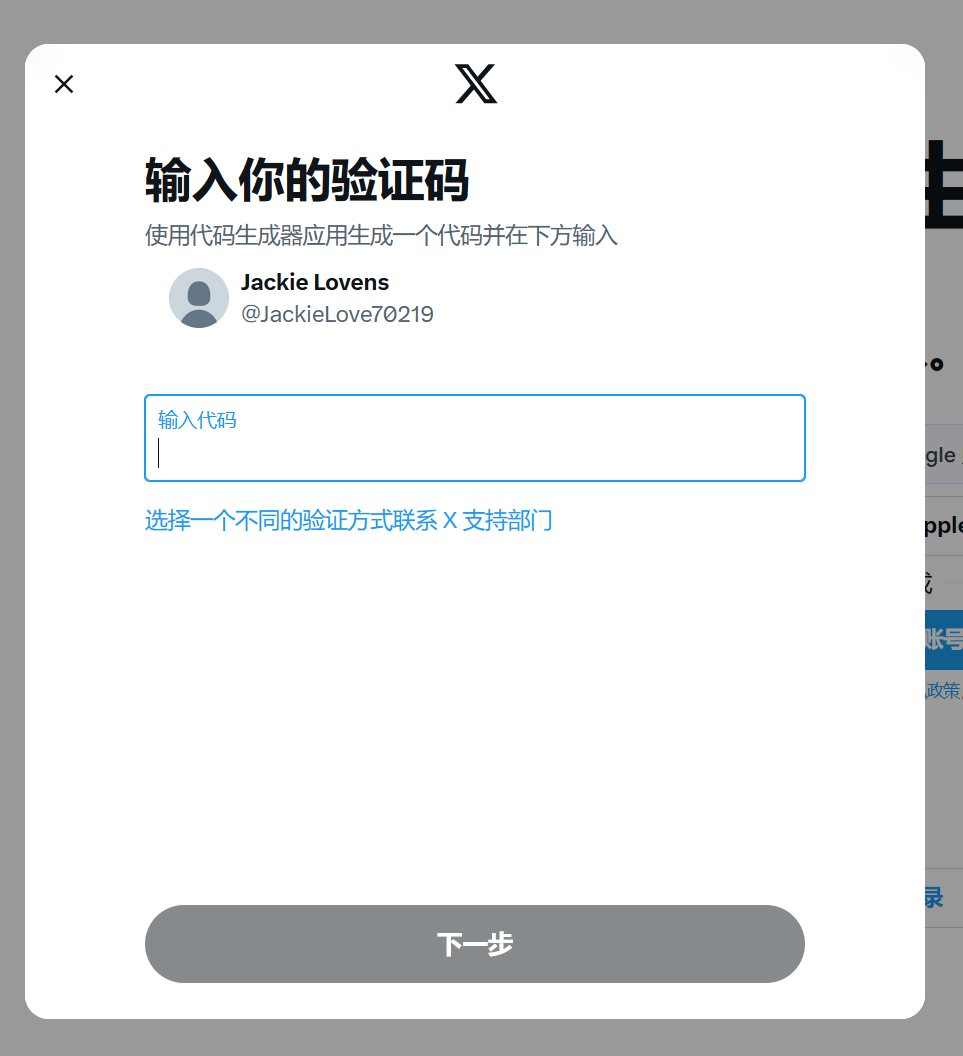 X 手机端输入验证代码页面示意图